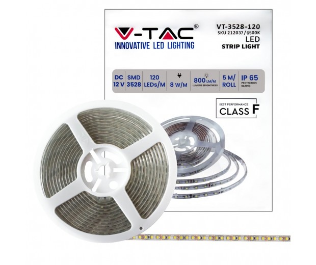 STRISCIA LED VT-3528 120LED/M 12V STRIP 5MT 8W/M BIANCO FREDDO 6500K IP65 (212037)