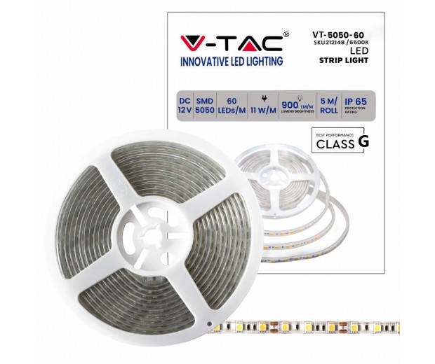 STRISCIA LED VT-5050-60 60LED/MT 12V STRIP 5MT 11W/M BIANCO FREDDO 6500K IP65 (212148)