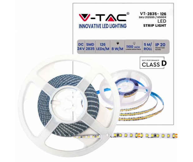 STRISCIA LED VT-2835 137LM/M 24V STRIP 5MT 8W/MT BIANCO FREDDO 6500K IP20 (212595)