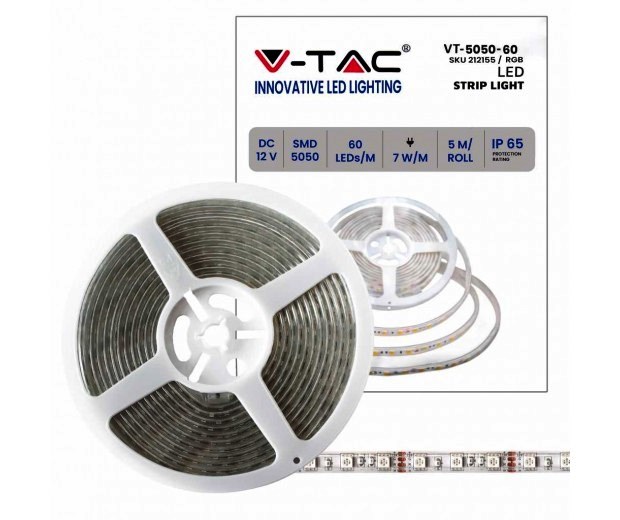 STRISCIA LED VT-5050 100LM/MT 12V STRIP 5MT 7W/MT RGB IP65 (212155)